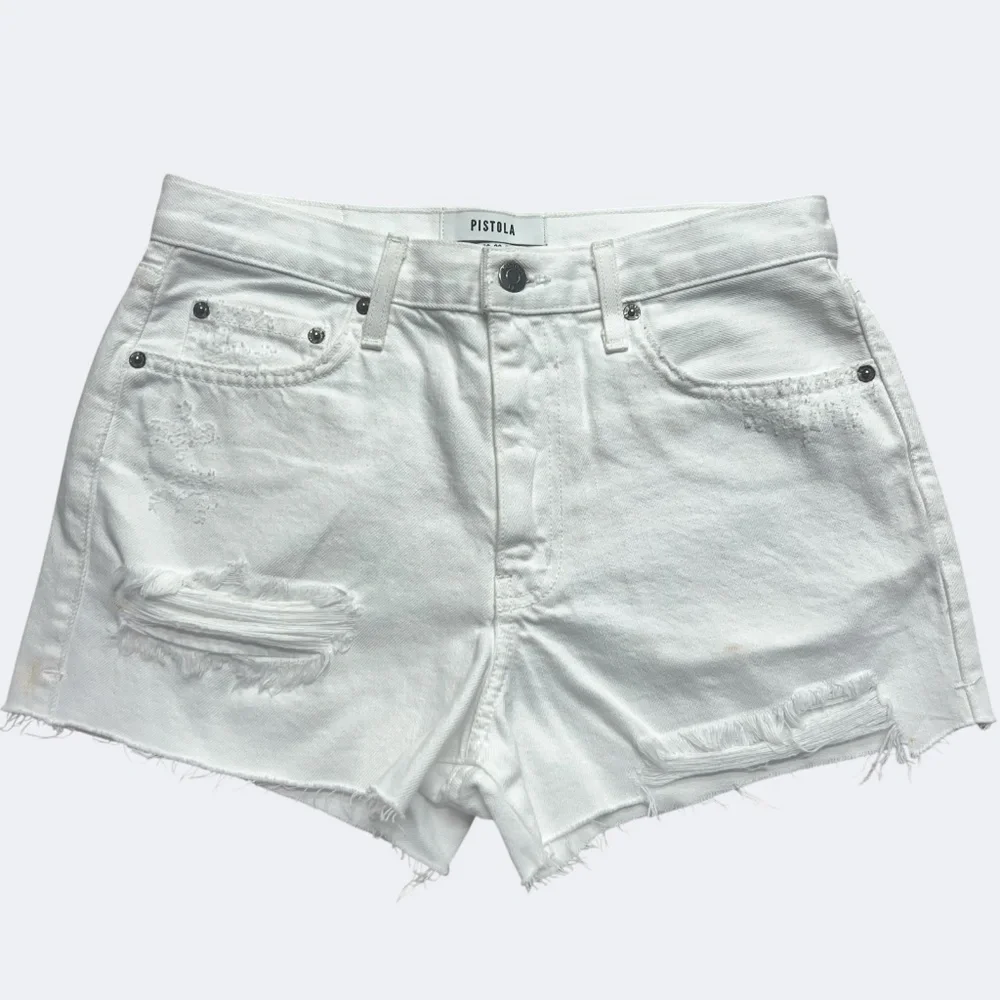 Pistola Shorts Womens‎ 28 White Distressed Denim High Rise Raw Hem USA Cotton